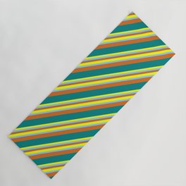 [ Thumbnail: Yellow, Light Sky Blue, Chocolate & Teal Colored Pattern of Stripes Yoga Mat ]