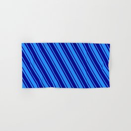[ Thumbnail: Dark Blue and Blue Colored Pattern of Stripes Hand & Bath Towel ]