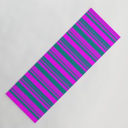 [ Thumbnail: Teal and Fuchsia Colored Pattern of Stripes Yoga Mat ]