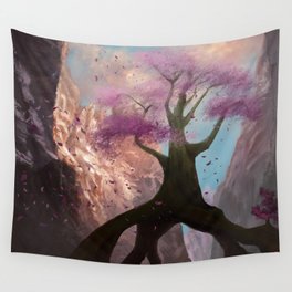 Pink tree in a canyon - digital paining Wall Tapestry