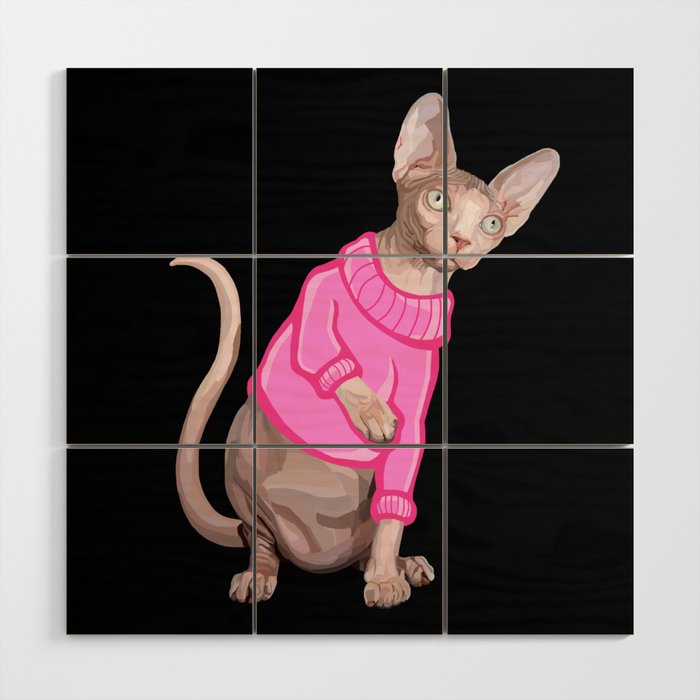 Cozy Sphynx Cat with Pink Knit Sweater  Wood Wall Art