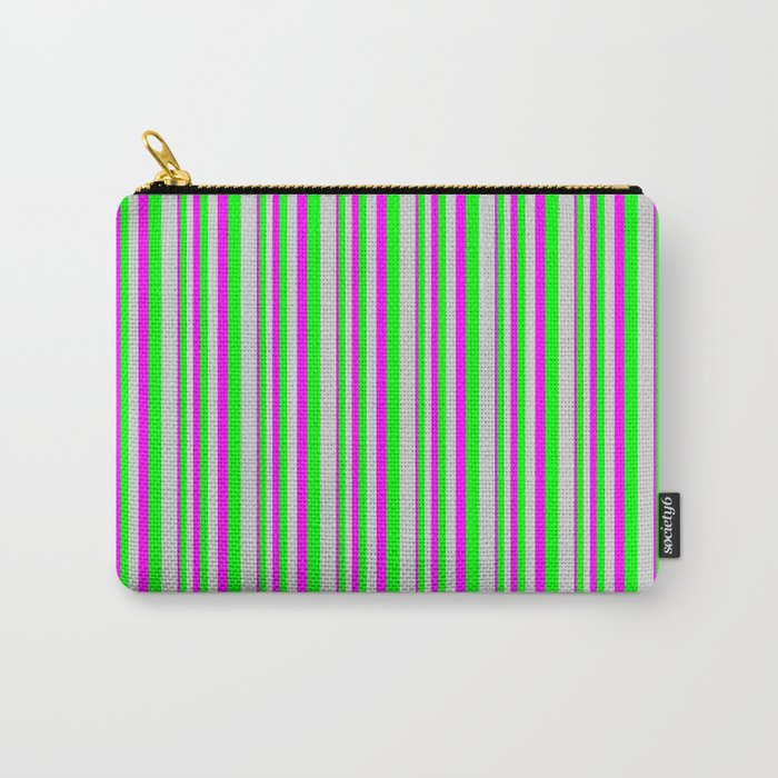 Fuchsia, Lime, and Light Grey Colored Lined/Striped Pattern Carry-All Pouch