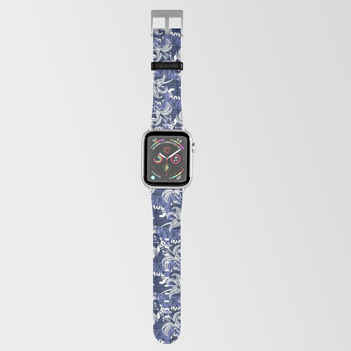 Tigers in a tiger lily garden // textured navy blue background very peri wild animals light grey flowers Apple Watch Band