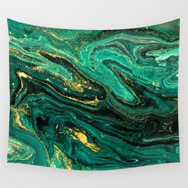 Emerald Green + Yellow Flecked Abstract Ripples Wall Tapestry