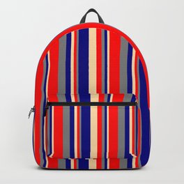 [ Thumbnail: Tan, Blue, Gray & Red Colored Lines/Stripes Pattern Backpack ]