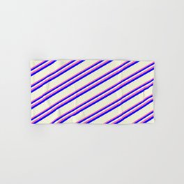 [ Thumbnail: Hot Pink, Blue, and Beige Colored Striped Pattern Hand & Bath Towel ]