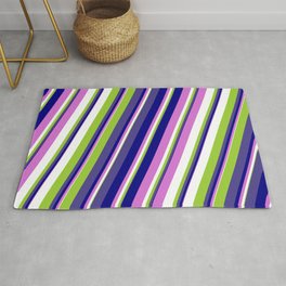 [ Thumbnail: Colorful Green, Dark Slate Blue, Blue, Orchid, and White Colored Stripes Pattern Rug ]