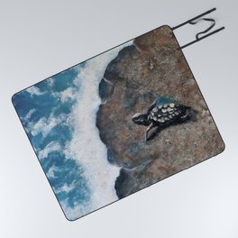 The First Walk, a gorgeous seaside with a baby tortoise, an original art by Luna Smith Picnic Blanket