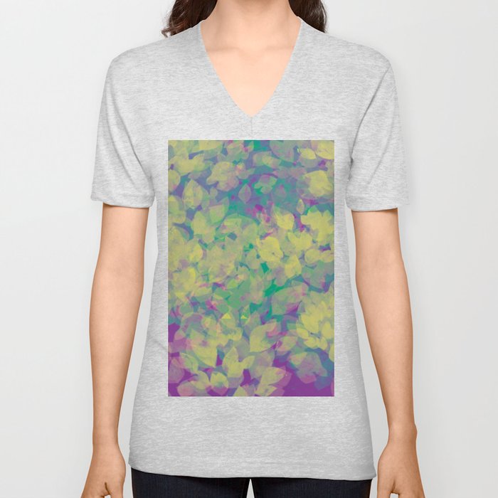 Abstract floral collage with leaf patterns V Neck T Shirt