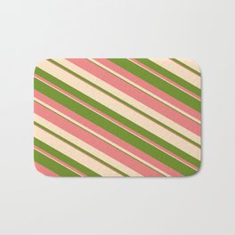 [ Thumbnail: Bisque, Green, and Light Coral Colored Striped/Lined Pattern Bath Mat ]
