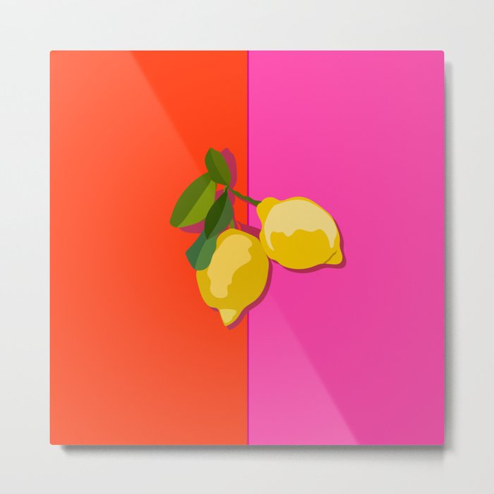 Lemonie - Geometric Lemon Summer Vibes Design on Pink and Red Metal Print