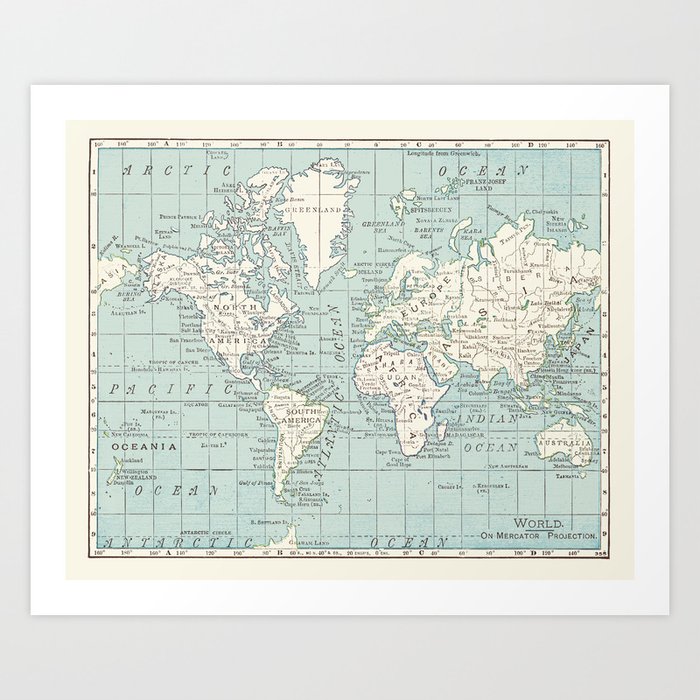 World Map in Blue and Cream Kunstdrucke World Map in Blue and Cream Kunstdrucke
