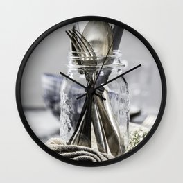 Forks spoons and knifes in a glass jar on grey vintage background Wall Clock | Spoons, Trendy, Forks, Photo, Jar, Vintage, Table, Tonned, Silver, Cooking 