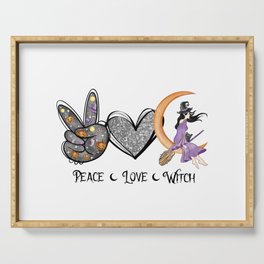 Peace love witch cat halloween design Serving Tray