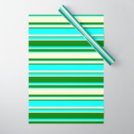 [ Thumbnail: Light Yellow, Green, and Aqua Colored Lined Pattern Wrapping Paper ]