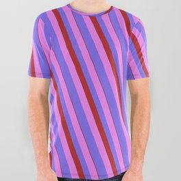 [ Thumbnail: Violet, Medium Slate Blue & Red Colored Lined Pattern All Over Graphic Tee ]
