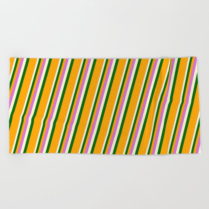 Orchid, Light Yellow, Dark Green & Orange Colored Striped/Lined Pattern Beach Towel