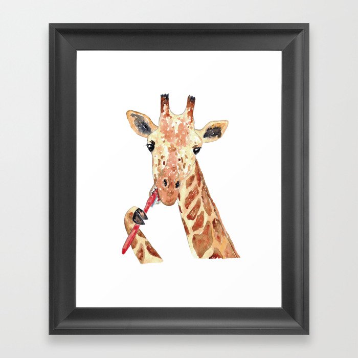 Giraffe brushing teeth bath watercolor  Framed Art Print