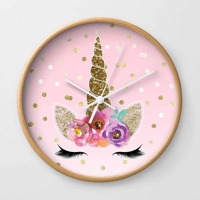 Floral Trendy Modern Unicorn Horn Gold Confetti Wall Clock