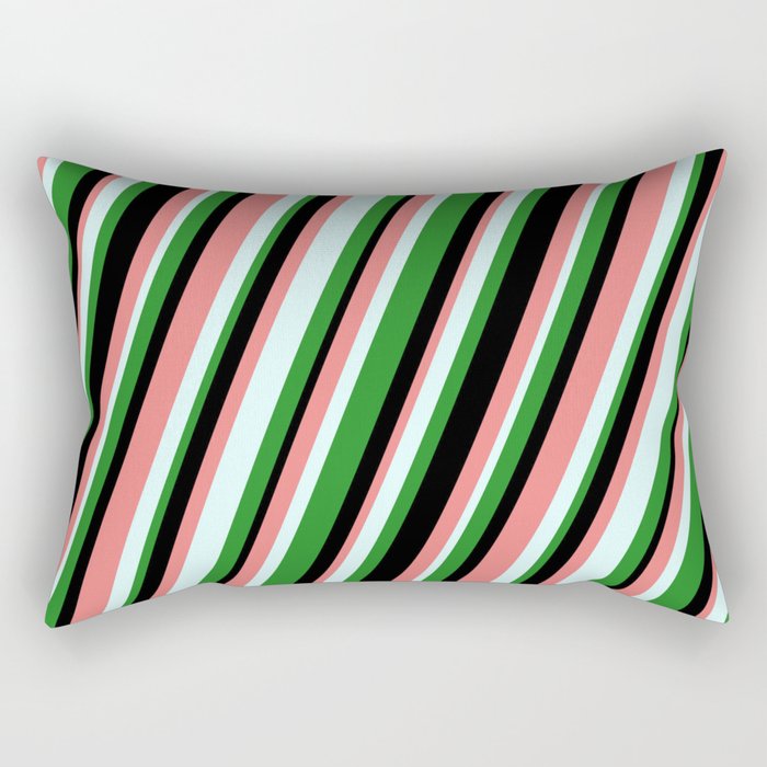 Forest Green, Black, Light Coral & Light Cyan Colored Stripes/Lines Pattern Rectangular Pillow