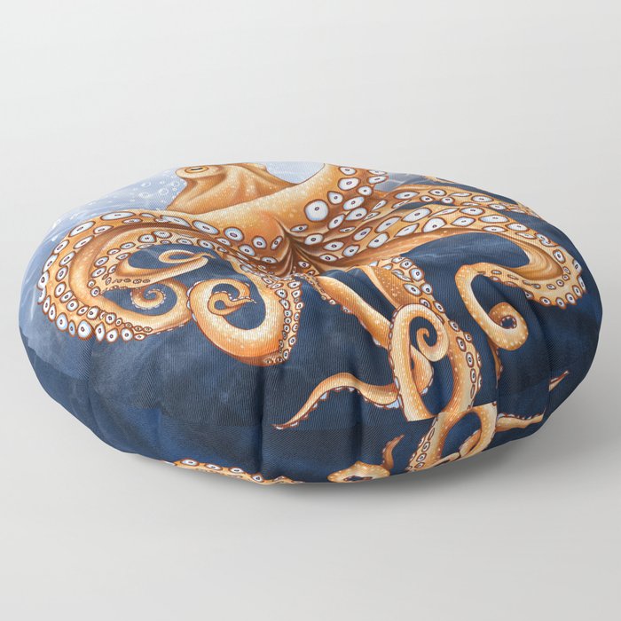 Orange Red Octopus Tentacles Kraken Bubbles Blue Sea Art Floor Pillow