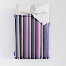 [ Thumbnail: Eyecatching Dark Slate Gray, Slate Blue, Violet, Mint Cream, and Black Colored Pattern of Stripes Duvet Cover ]
