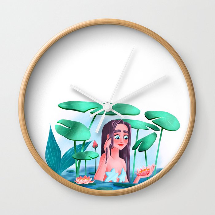 Mermaid lotus pond illustration Wall Clock