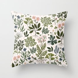Herbarium ~ vintage inspired botanical art print ~ white Throw Pillow