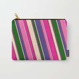 [ Thumbnail: Eye-catching Deep Pink, Dark Slate Blue, Bisque, Hot Pink, and Dark Green Colored Stripes Pattern Carry-All Pouch ]