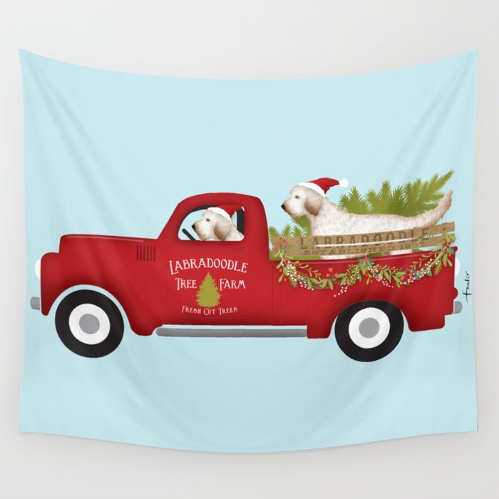 Labradoodle doodle dog truck christmas tree farm red vintage  Wall Tapestry