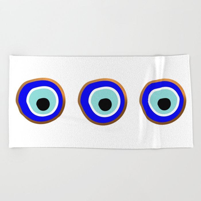 Grecian Gold evil eye in blue on white Beach Towel