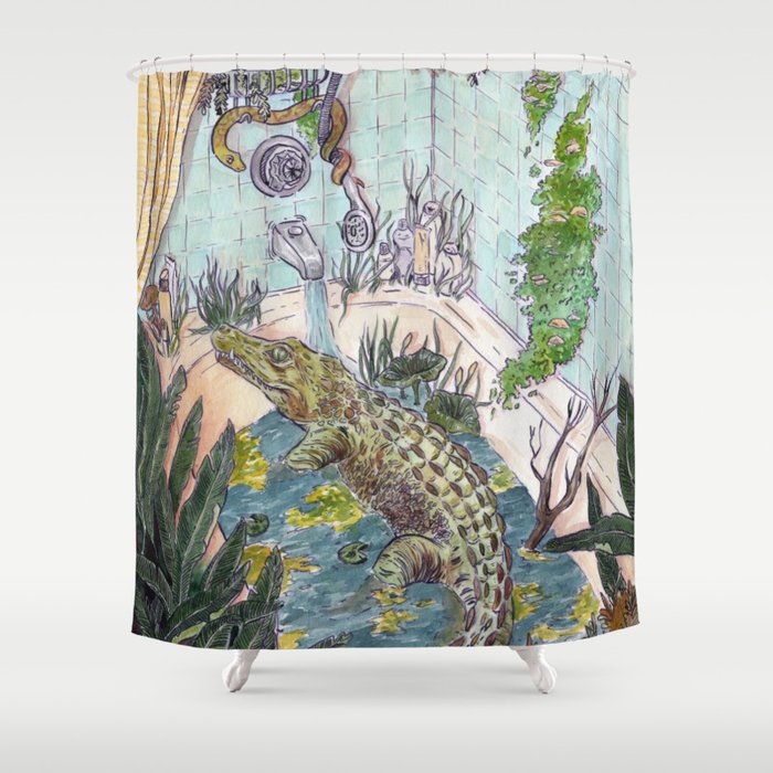 Crocodile in the Tub Shower Curtain by Carlusha Art