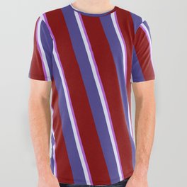 [ Thumbnail: Orchid, Lavender, Dark Slate Blue, and Maroon Colored Striped Pattern All Over Graphic Tee ]