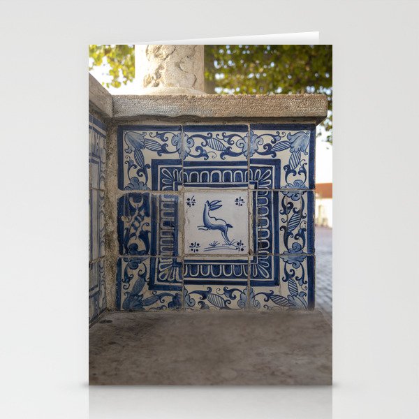 Blue azulejos on a bench in Alfama, Lisbon, Portugal - summer street and travel photography Stationery Cards