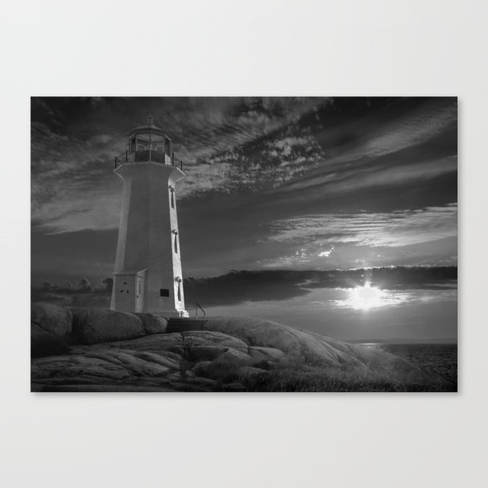 Black and White Sunset at Peggys' Cove Lighthouse in Nova Scotia Canvas Print