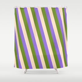[ Thumbnail: Purple, Green, and Bisque Colored Lines/Stripes Pattern Shower Curtain ]