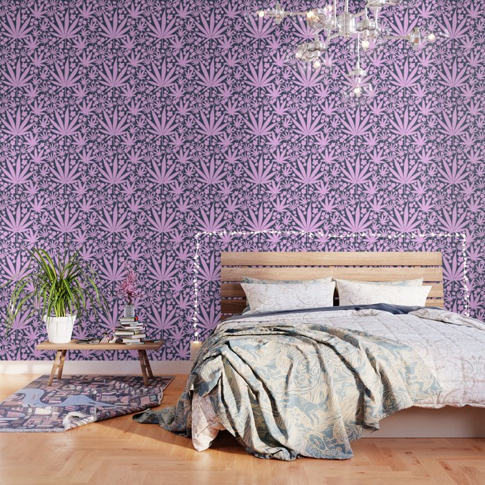 Modern Retro Cannabis Leaves And Flowers Pink On Navy Blue Botanical Wallpaper Indie Floral Pattern Wallpaper