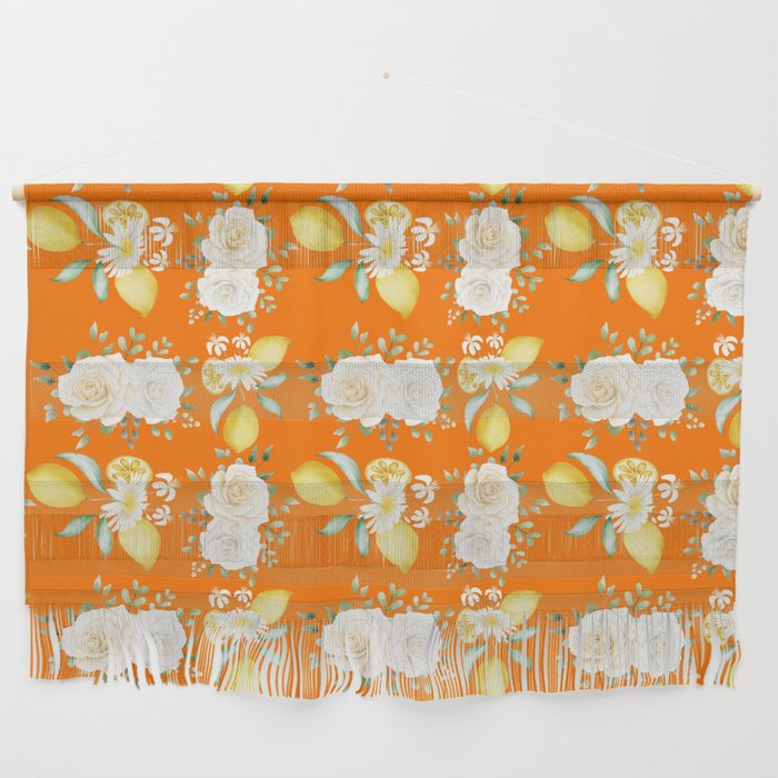 Lemons and White Flowers Pattern On Orange Background Wall Hanging