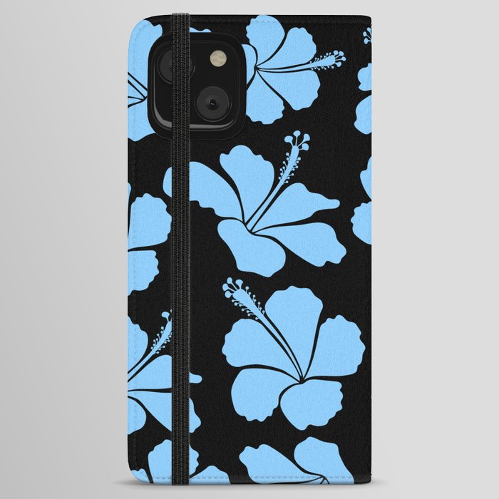 Bright hawaiian seamless pattern with tropical hibiscus flowers on black background in blue colors. iPhone Wallet Case