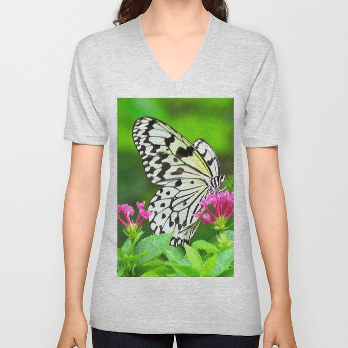 Butterfly and Pink Flowers V Neck T Shirt