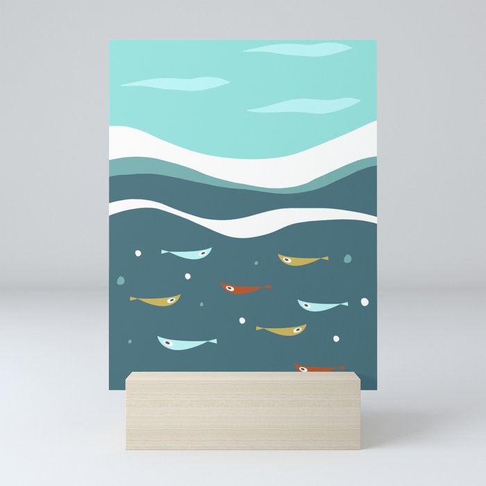 Under the Sea Mid Century Ocean, Waves and Fish Mini Art Print