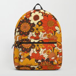 Retro 70s Flower Power, Floral, Orange Brown Yellow Psychedelic Pattern Backpack
