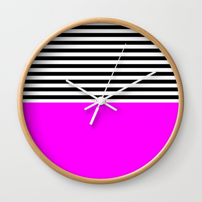 Fuchsia With Black and White Stripes Wall Clock