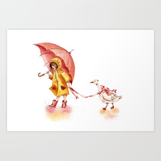 Rainy Day - Girl in a Yellow Rain Coat with Read Umbrella and with a Goose Art Print