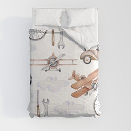 Watercolor baby pattern with retro cars and planes Comforter