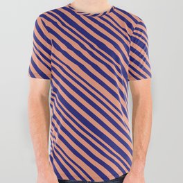 [ Thumbnail: Dark Salmon & Midnight Blue Colored Lines Pattern All Over Graphic Tee ]