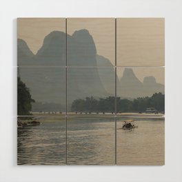 China Photography - Small Boat Floating In Front Of Majestic Mountains Wood Wall Art