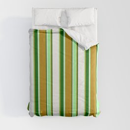 [ Thumbnail: Dark Goldenrod, Green, White & Dark Green Colored Striped Pattern Comforter ]