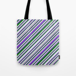 [ Thumbnail: Grey, Purple, Green & Lavender Colored Lines/Stripes Pattern Tote Bag ]