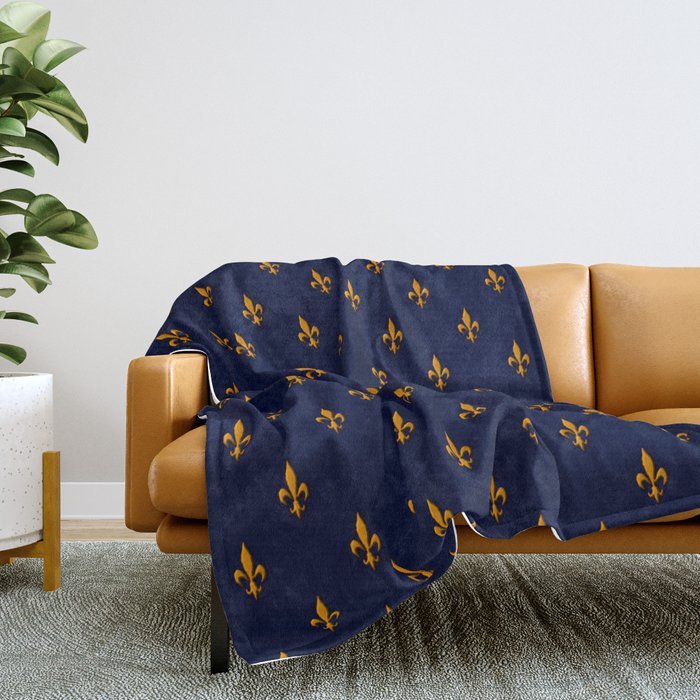 Blue Gold Fleur de Lis Pattern Throw Blanket